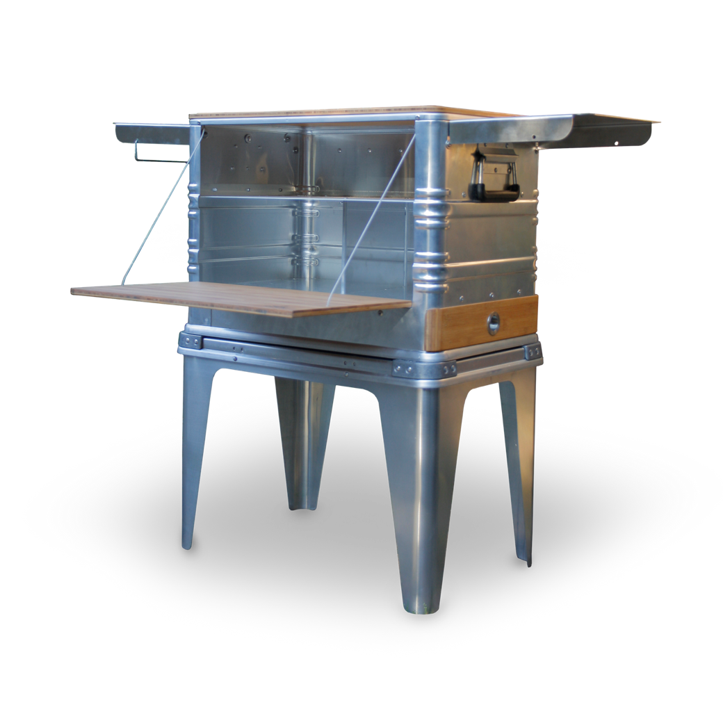 DOCK camp kitchen open on its platform legs, front view