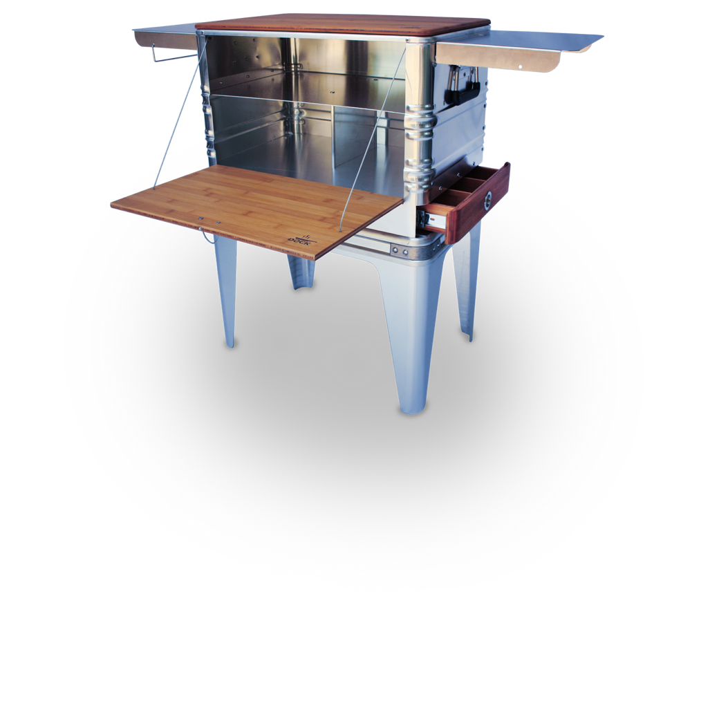 DOCK camp kitchen fully deployed with bamboo worktop, stainless steel side shelves and drawer